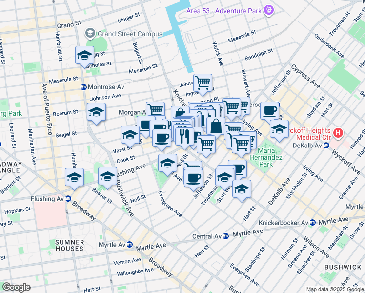 map of restaurants, bars, coffee shops, grocery stores, and more near Flushing Ave & Morgan Ave in Brooklyn
