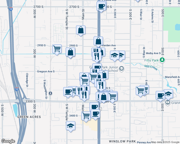map of restaurants, bars, coffee shops, grocery stores, and more near 3079 South Main Street in South Salt Lake