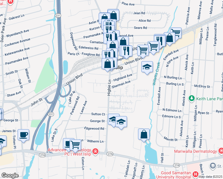 map of restaurants, bars, coffee shops, grocery stores, and more near 4 Sherman Avenue in West Islip