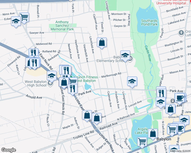 map of restaurants, bars, coffee shops, grocery stores, and more near 235 Litchfield Avenue in Babylon