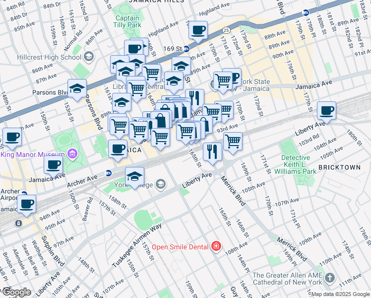 map of restaurants, bars, coffee shops, grocery stores, and more near 9256 165th Street in Queens