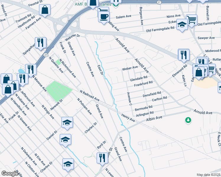 map of restaurants, bars, coffee shops, grocery stores, and more near 858 Glendale Road in West Babylon