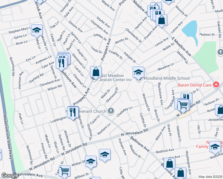 map of restaurants, bars, coffee shops, grocery stores, and more near 1545 Sherwood Drive in East Meadow