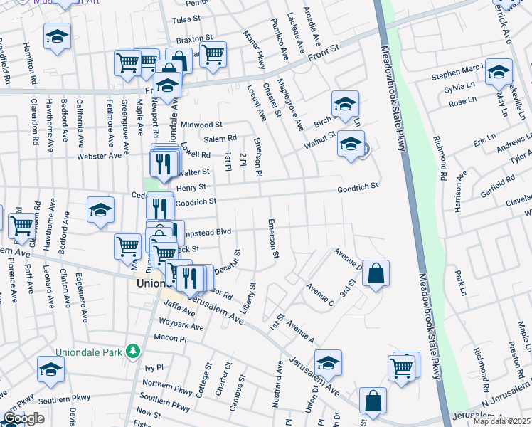 map of restaurants, bars, coffee shops, grocery stores, and more near 478 Emerson Street in Uniondale