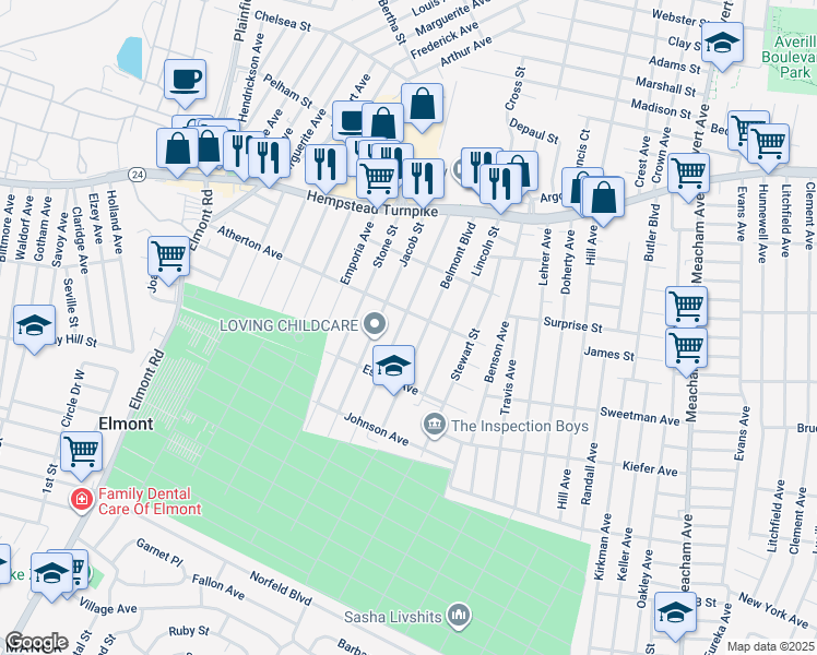 map of restaurants, bars, coffee shops, grocery stores, and more near 150 Franklin Street in Elmont