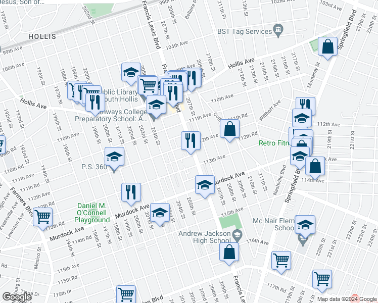 map of restaurants, bars, coffee shops, grocery stores, and more near 205-24 112th Avenue in Queens