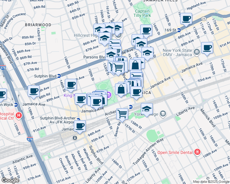 map of restaurants, bars, coffee shops, grocery stores, and more near 90-05 153rd Street in Queens