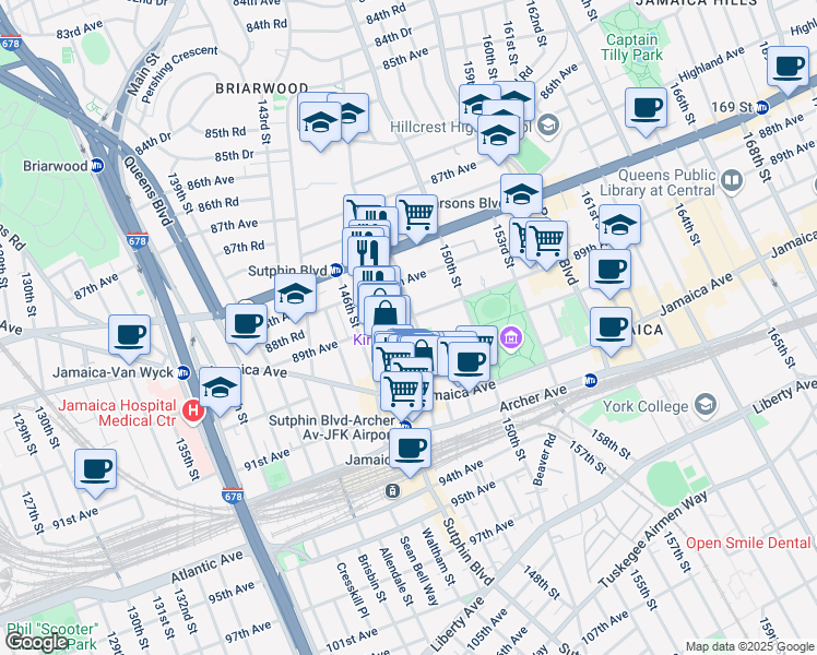 map of restaurants, bars, coffee shops, grocery stores, and more near 89-09 148th Street in Queens