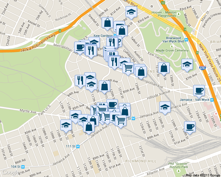 map of restaurants, bars, coffee shops, grocery stores, and more near 84-25 120th Street in Queens