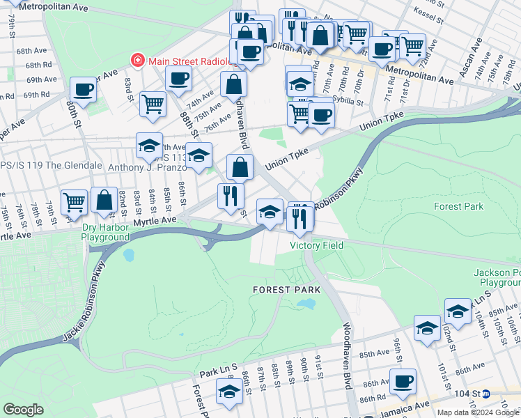 map of restaurants, bars, coffee shops, grocery stores, and more near 88-52 81st Avenue in Queens