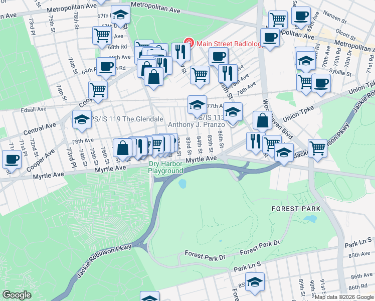 map of restaurants, bars, coffee shops, grocery stores, and more near 78-56 83rd Street in Queens