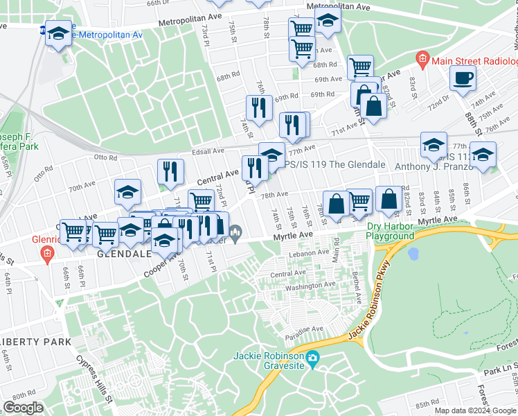 map of restaurants, bars, coffee shops, grocery stores, and more near in Queens