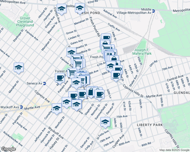 map of restaurants, bars, coffee shops, grocery stores, and more near 60-27 68th Road in Queens