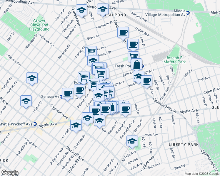 map of restaurants, bars, coffee shops, grocery stores, and more near 67-24 60th Street in Queens