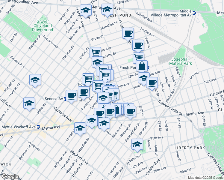 map of restaurants, bars, coffee shops, grocery stores, and more near 67-24 60th Street in Queens