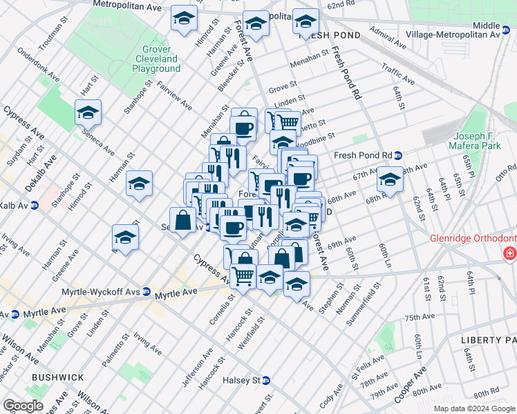 map of restaurants, bars, coffee shops, grocery stores, and more near 18-84 Woodbine Street in Queens