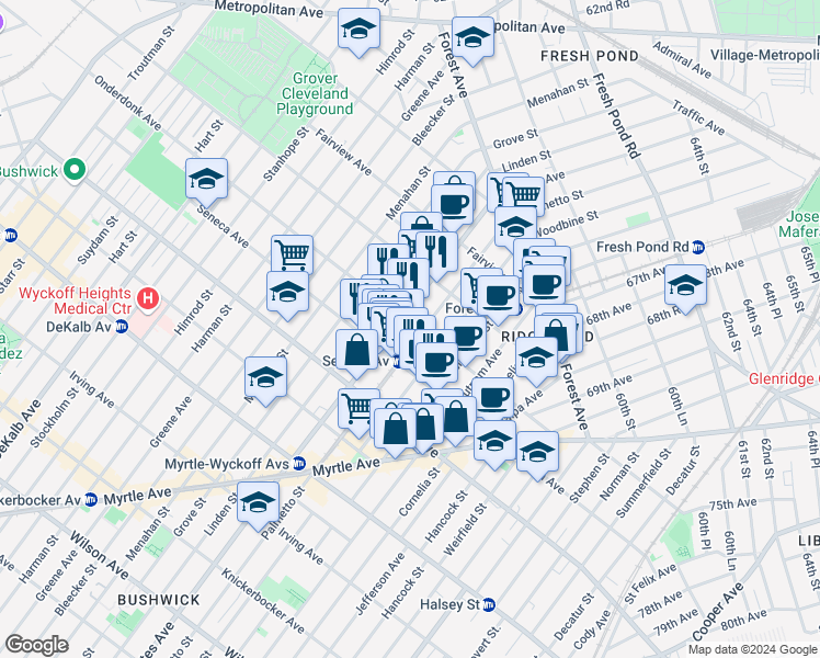 map of restaurants, bars, coffee shops, grocery stores, and more near 6-89 Onderdonk Avenue in Queens