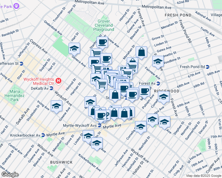 map of restaurants, bars, coffee shops, grocery stores, and more near 6-05 Seneca Avenue in Queens