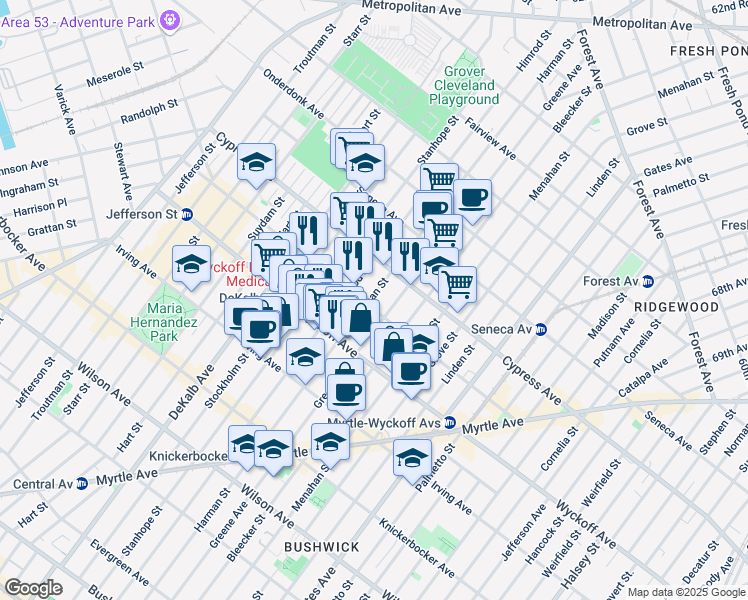 map of restaurants, bars, coffee shops, grocery stores, and more near 187 Saint Nicholas Avenue in Brooklyn