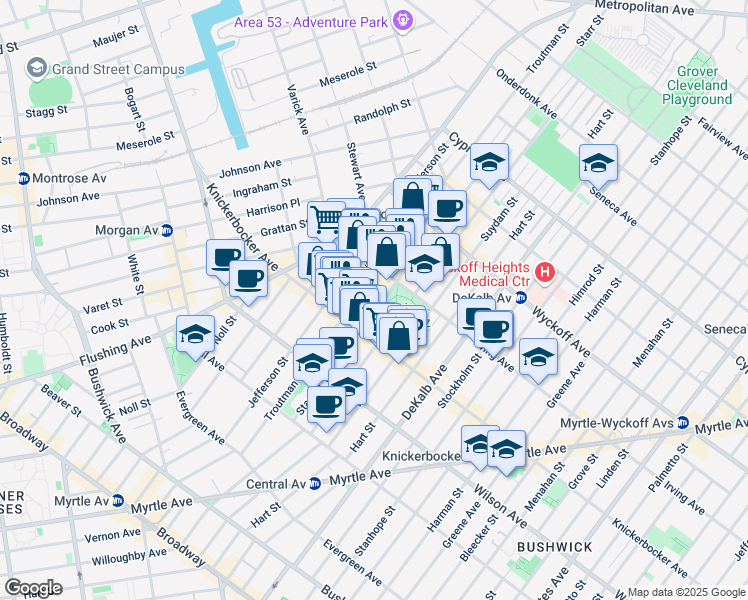 map of restaurants, bars, coffee shops, grocery stores, and more near 163 Starr Street in Brooklyn