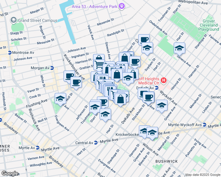 map of restaurants, bars, coffee shops, grocery stores, and more near 163 Starr Street in Brooklyn