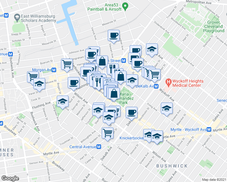 map of restaurants, bars, coffee shops, grocery stores, and more near 272 1/2 Jefferson Street in Brooklyn
