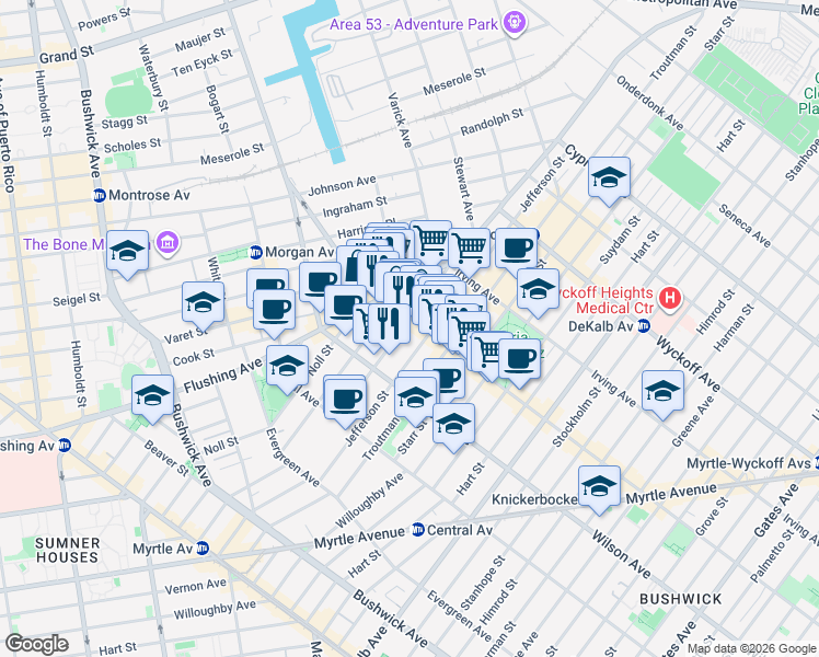 map of restaurants, bars, coffee shops, grocery stores, and more near in Brooklyn
