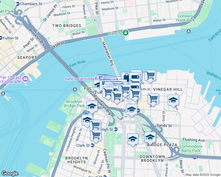 map of restaurants, bars, coffee shops, grocery stores, and more near 82 Plymouth Street in Brooklyn