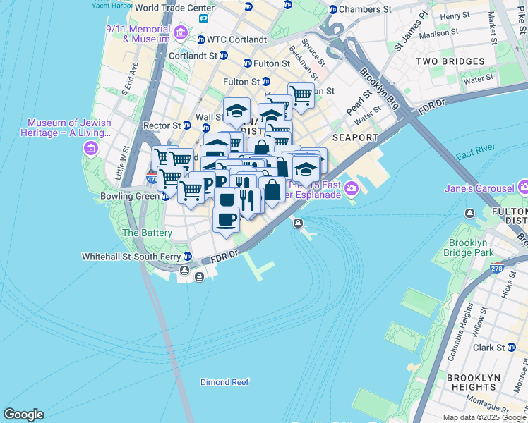 map of restaurants, bars, coffee shops, grocery stores, and more near 10 Hanover Square in New York