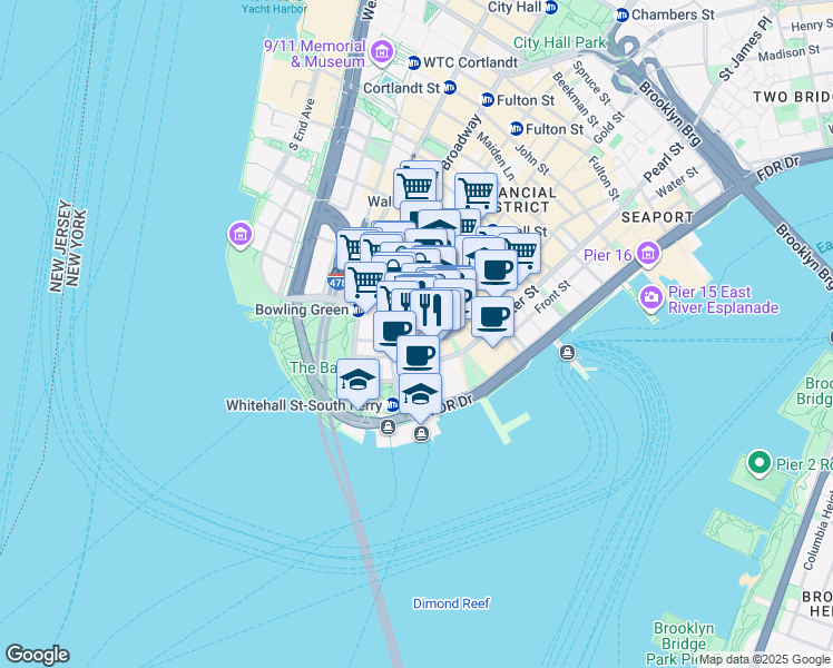 map of restaurants, bars, coffee shops, grocery stores, and more near 550 Broad Street in New York