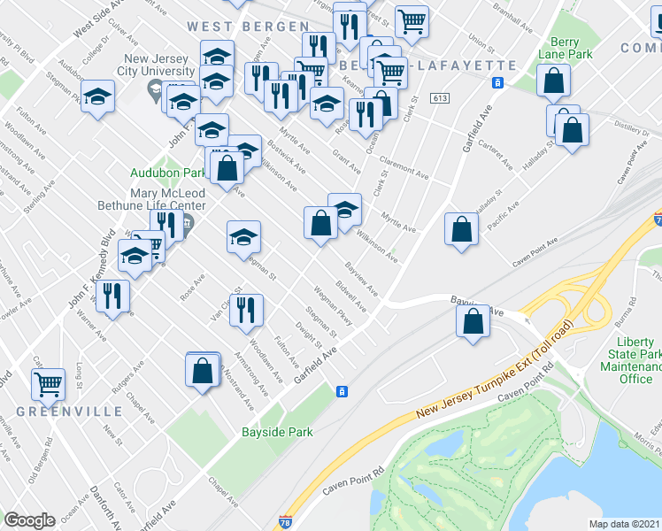 map of restaurants, bars, coffee shops, grocery stores, and more near 65 Bayview Avenue in Jersey City