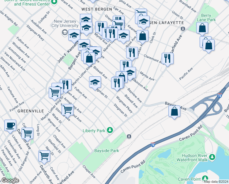 map of restaurants, bars, coffee shops, grocery stores, and more near 507-523 Ocean Avenue in Jersey City
