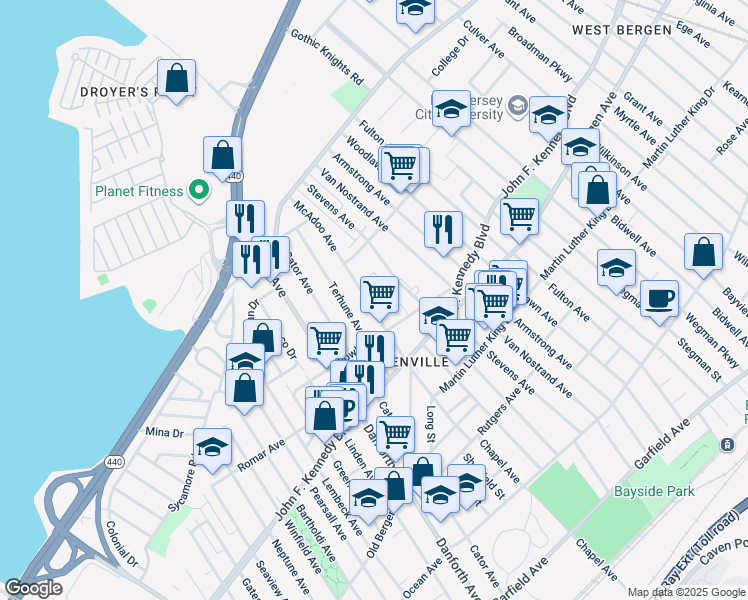 map of restaurants, bars, coffee shops, grocery stores, and more near 130 McAdoo Avenue in Jersey City