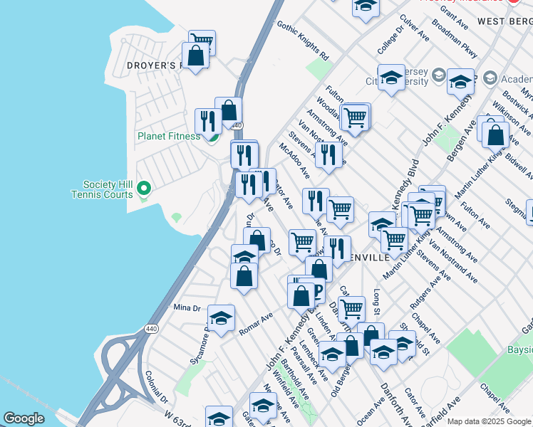 map of restaurants, bars, coffee shops, grocery stores, and more near 391 Danforth Avenue in Jersey City