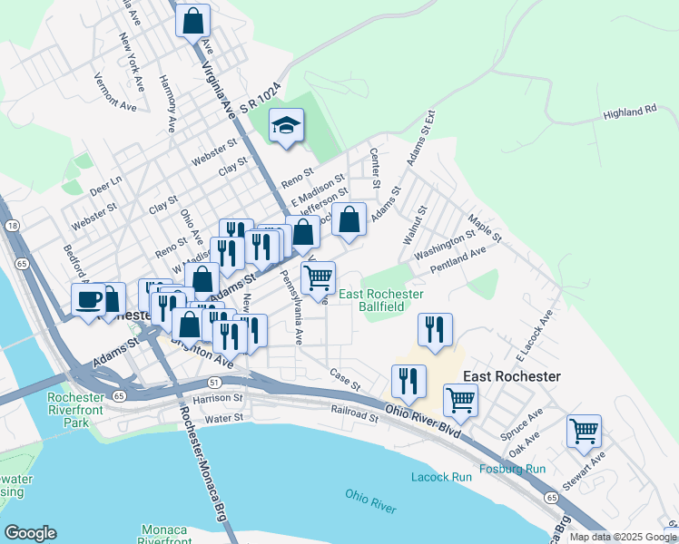 map of restaurants, bars, coffee shops, grocery stores, and more near 507 Jackson Street in Rochester