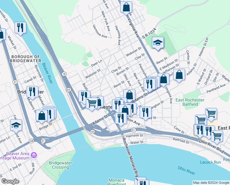 map of restaurants, bars, coffee shops, grocery stores, and more near 387 Connecticut Avenue in Rochester