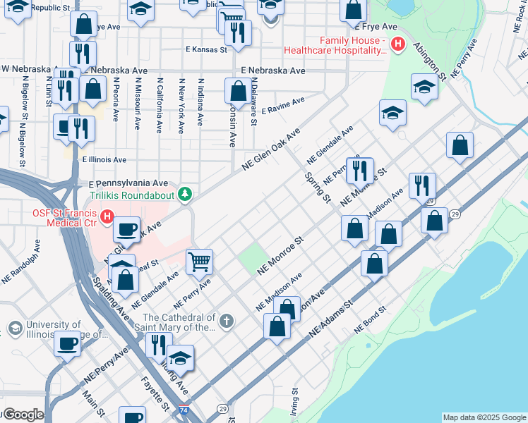 map of restaurants, bars, coffee shops, grocery stores, and more near 1026 Northeast Glendale Avenue in Peoria