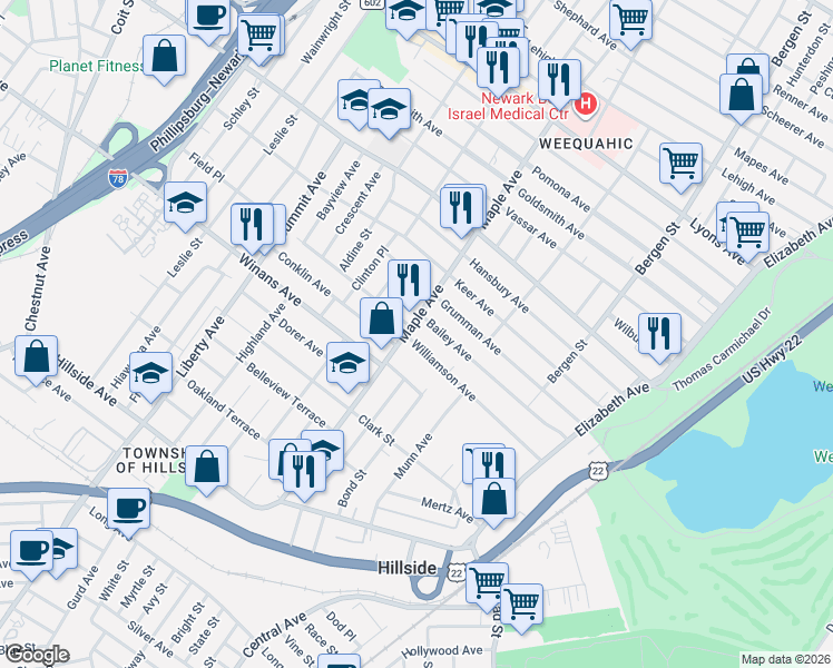 map of restaurants, bars, coffee shops, grocery stores, and more near 1601 Maple Avenue in Hillside