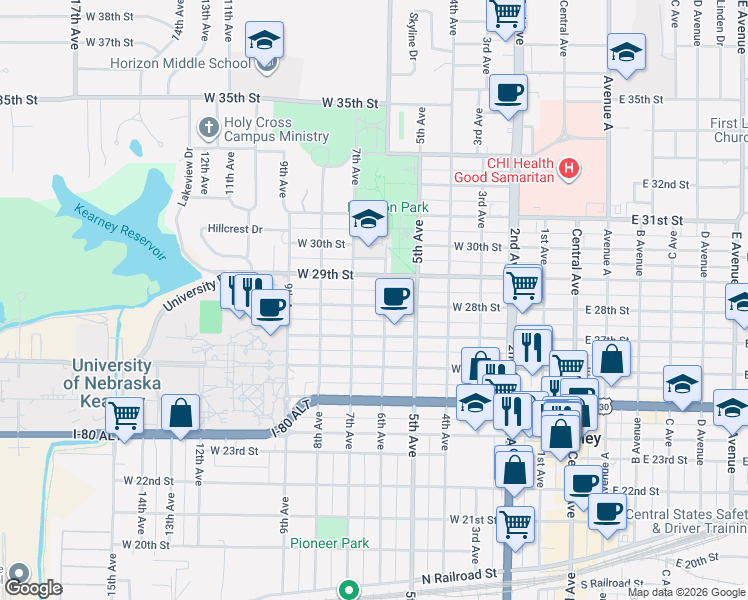 map of restaurants, bars, coffee shops, grocery stores, and more near 2700-2798 6th Avenue in Kearney