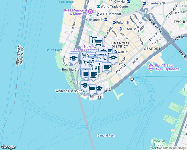 map of restaurants, bars, coffee shops, grocery stores, and more near 1 Whitehall Street in New York