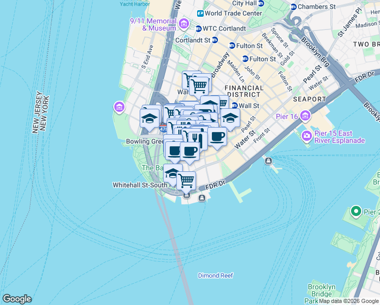 map of restaurants, bars, coffee shops, grocery stores, and more near 1 Whitehall Street in New York