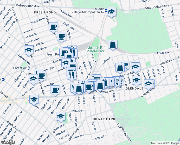 map of restaurants, bars, coffee shops, grocery stores, and more near Shaler Avenue in Queens