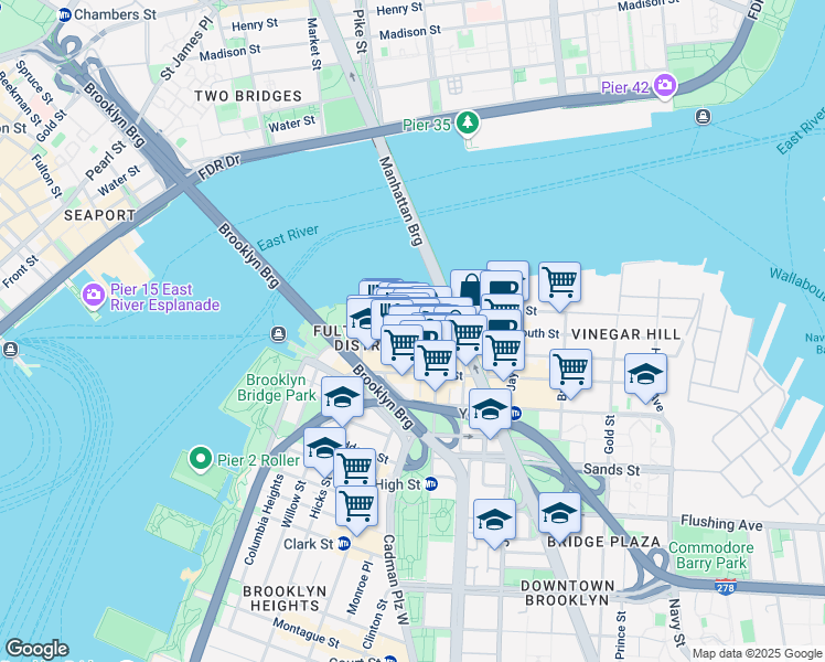 map of restaurants, bars, coffee shops, grocery stores, and more near Main Street in Brooklyn