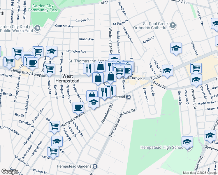 map of restaurants, bars, coffee shops, grocery stores, and more near 144 Oak Street in West Hempstead