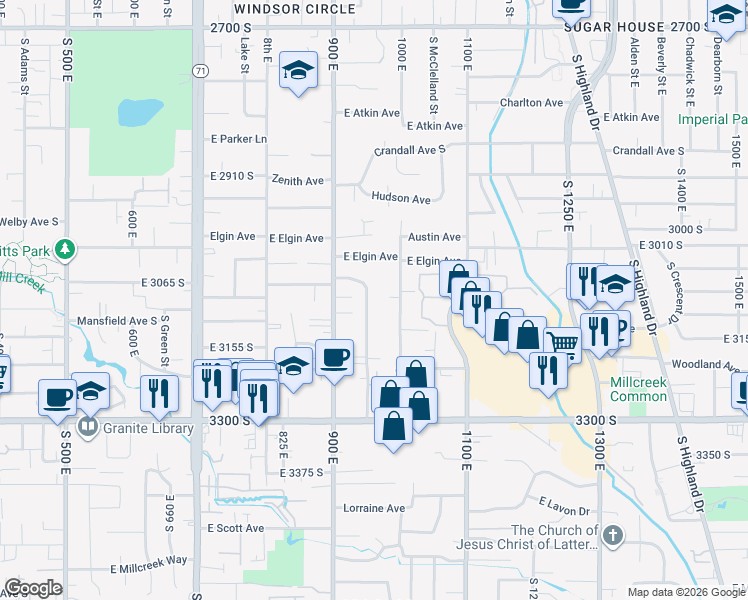 map of restaurants, bars, coffee shops, grocery stores, and more near 3093 Lincoln Street East in Salt Lake City