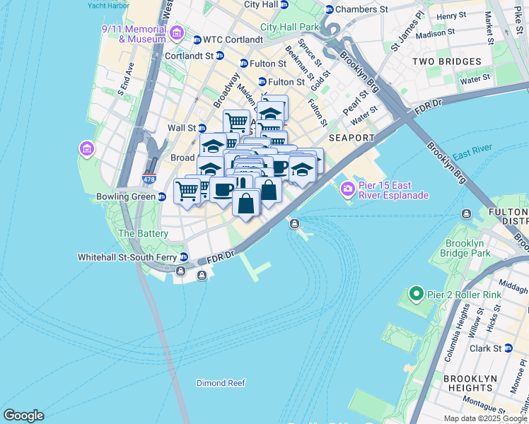 map of restaurants, bars, coffee shops, grocery stores, and more near 32 Old Slip in New York