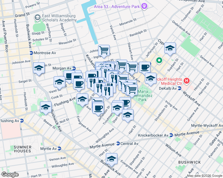 map of restaurants, bars, coffee shops, grocery stores, and more near in Brooklyn