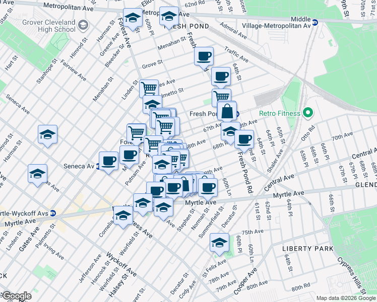 map of restaurants, bars, coffee shops, grocery stores, and more near 67-24 60th Street in Queens