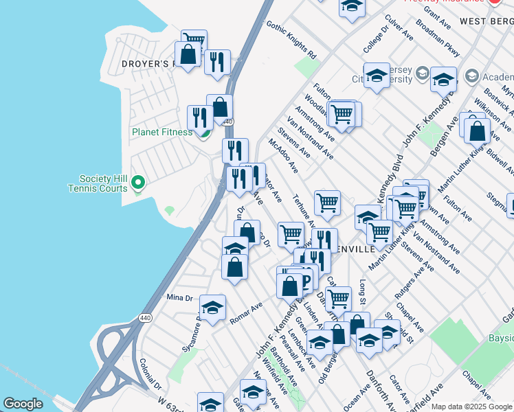 map of restaurants, bars, coffee shops, grocery stores, and more near 391 Danforth Avenue in Jersey City