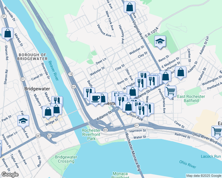 map of restaurants, bars, coffee shops, grocery stores, and more near 222 West Madison Street in Rochester